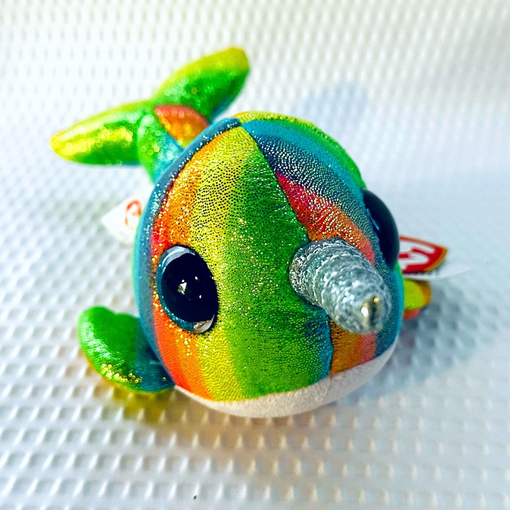 Ty Beanie Boos Nori Narwhal Whale Rainbow Sparkle Plush Big Eyes